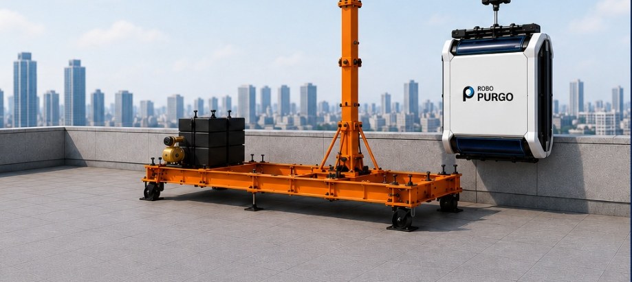 ROBO-PURGO rooftop mobile robotic support system with mast and winch on a high-rise roof